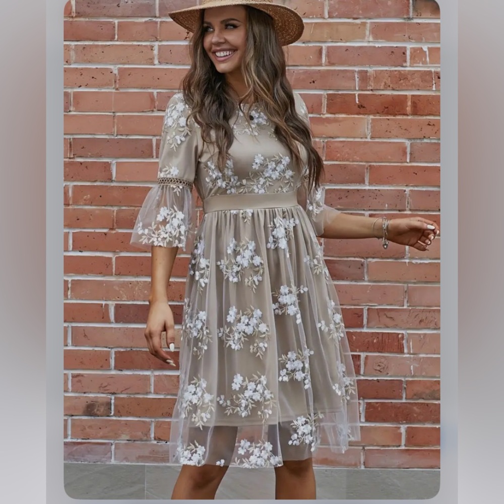 Taupe Floral Embroidered Mesh Midi Dress with Sheer Sleeves